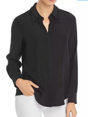 Lafayette 148 New York Black Beaded-Collar Long-Sleeve Blouse